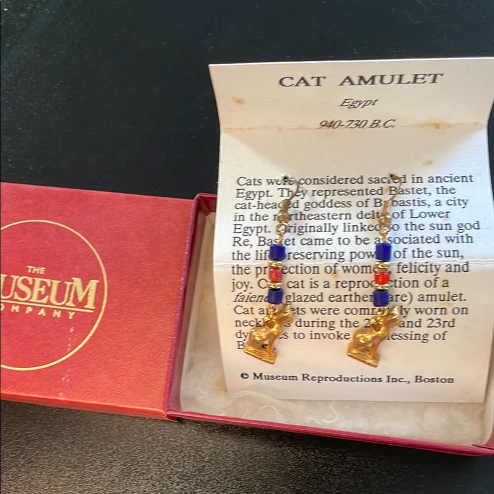 Gold and Blue Cat Amulet Earrings